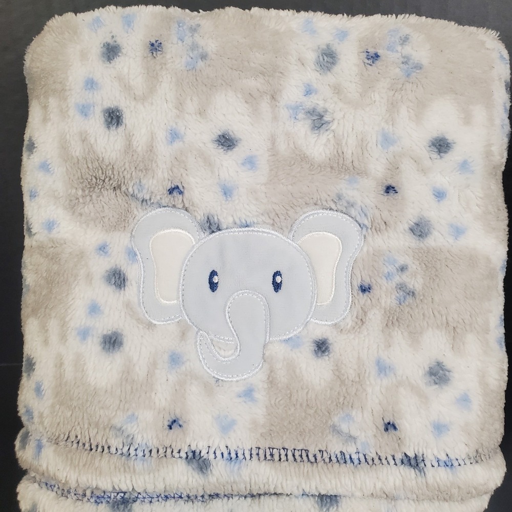 Baby Gear Blue Gray‎ Elephants Fleece Baby Blanket White 30x40 Pre-loved